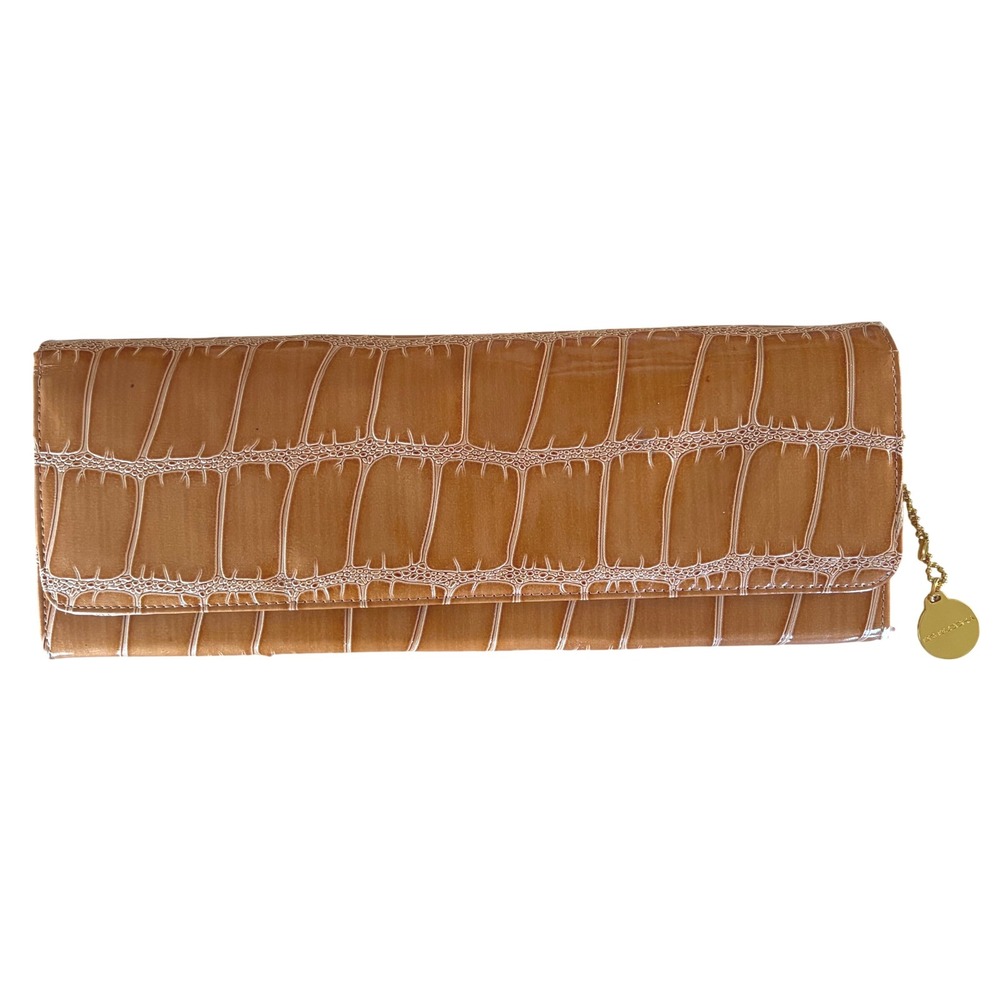 NWOT BIG BUDDHA Santa Barbara Clutch Camel Brown Faux Croc‎ Vegan Patent Leather
